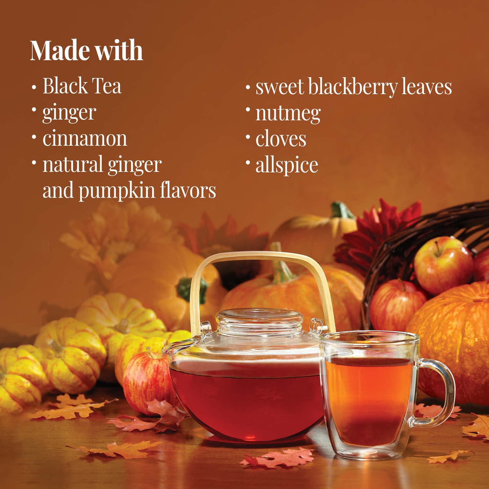 The Republic of Tea Pumpkin Spice Black Tea brewed cup with bold flavor.