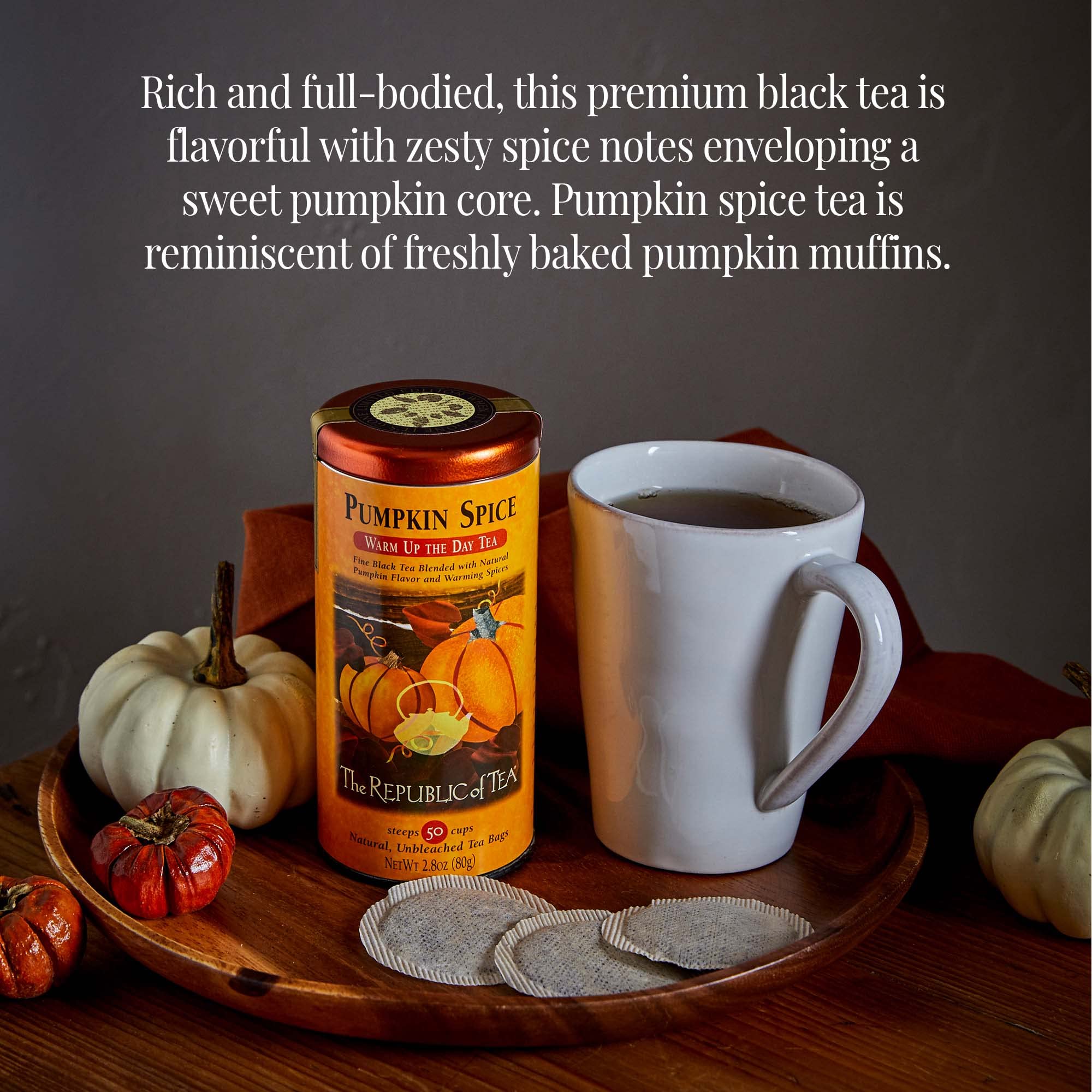 The Republic of Tea Pumpkin Spice tea bag closeup highlighting the rich base.