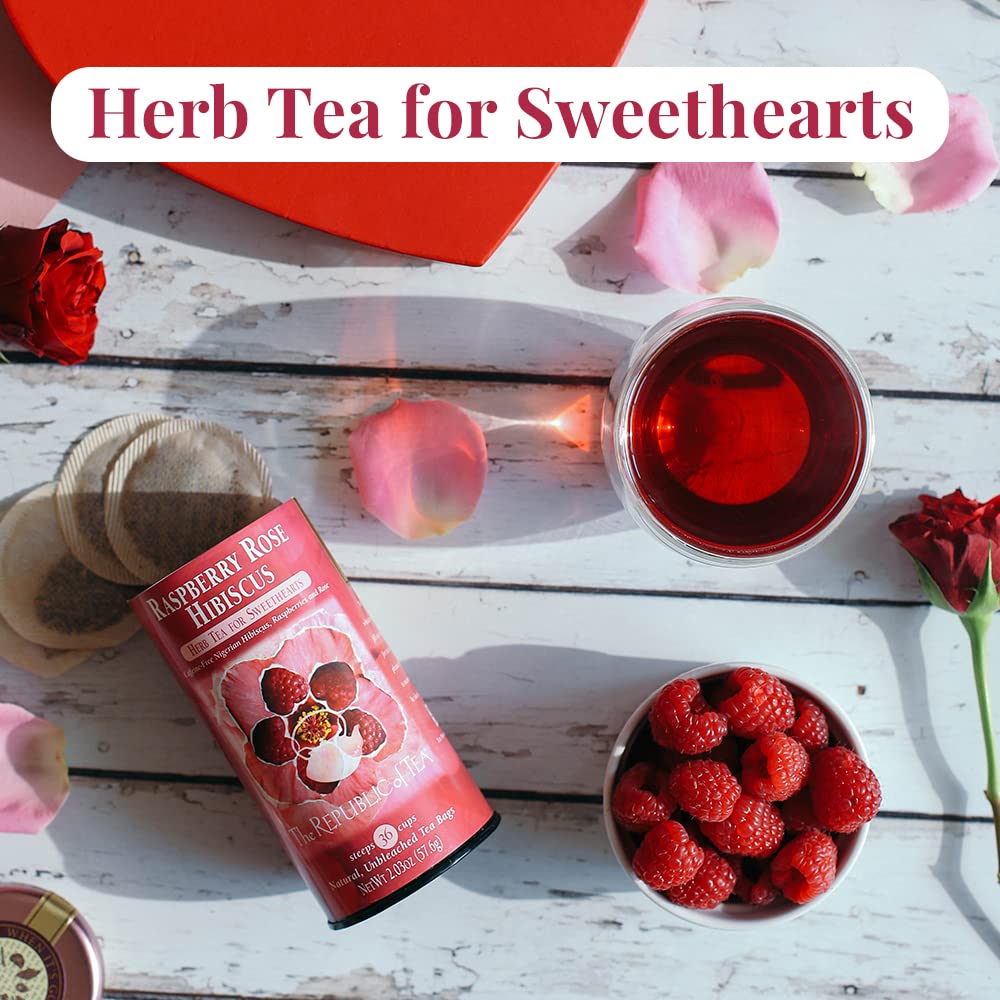 The Republic of Tea Raspberry Rose Hibiscus Tea, caffeine-free and versatile for any time.