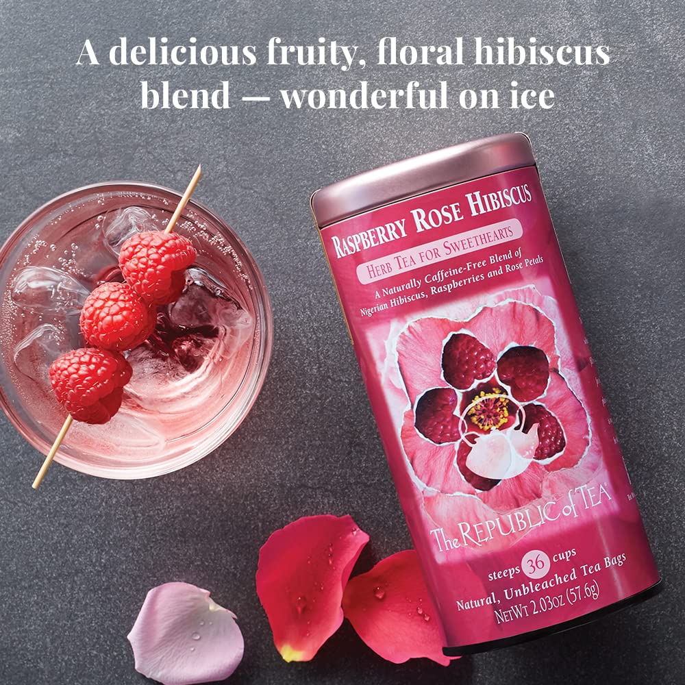 The Republic of Tea Raspberry Rose Hibiscus Tea in a deep crimson cup.