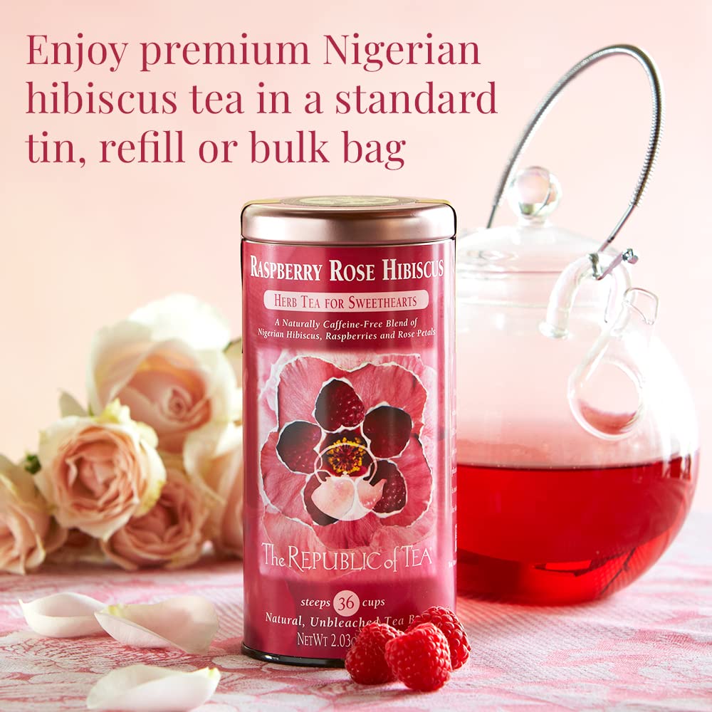 The Republic of Tea Raspberry Rose Hibiscus Tea steeping in hot water releasing aroma.
