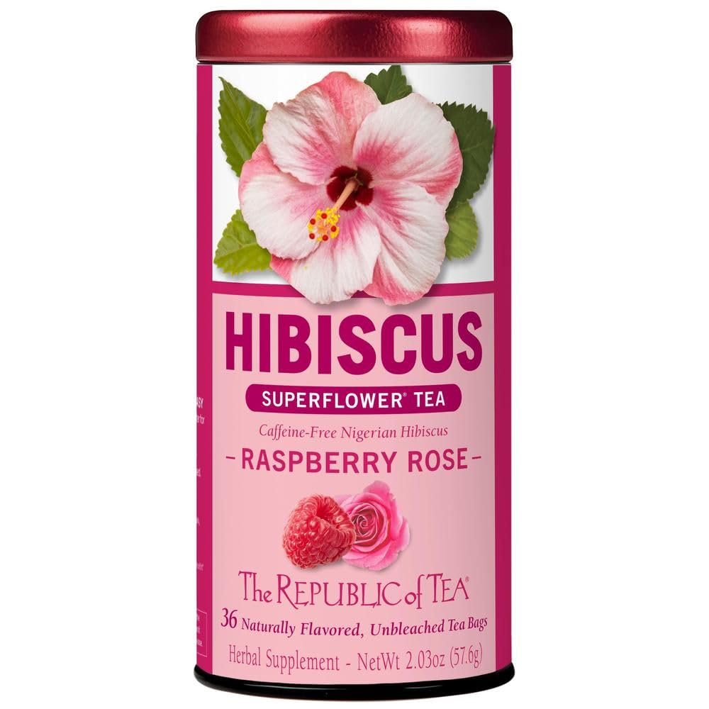 The Republic of Tea Raspberry Rose Hibiscus Tea tin with vibrant fruit and floral aroma.
