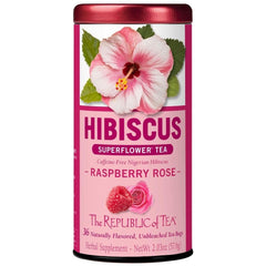 The Republic of Tea Raspberry Rose Hibiscus Tea tin with vibrant fruit and floral aroma.