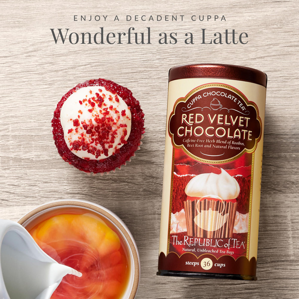 Red Velvet Cuppa Chocolate tea bags close-up, rich cocoa hints and beetroot color.