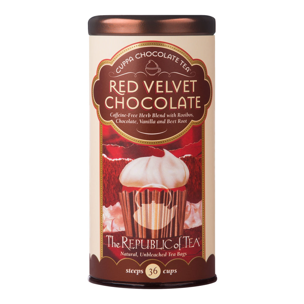 The Republic of Tea cup with Red Velvet Cuppa Chocolate tea, steaming smoothness.