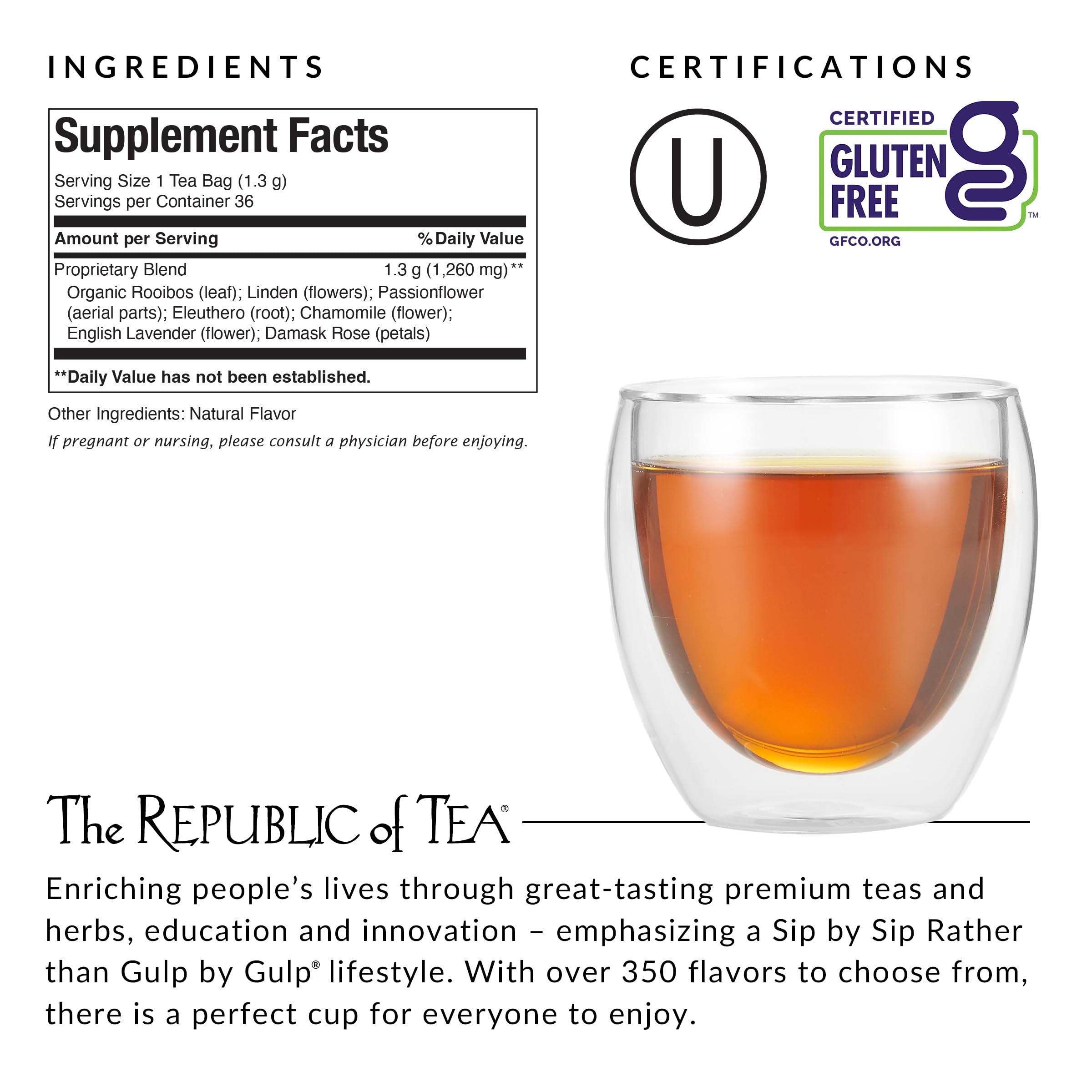 The Republic of Tea rooibos chamomile passionflower blend in a cup for relaxation.