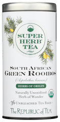 The Republic of Tea rooibos superherb tin with 36 tea bags, caffeine-free.