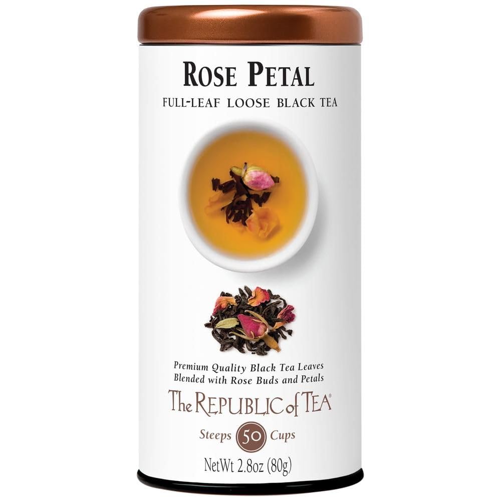 The Republic of Tea rose-petal full-leaf loose tea tin with premium leaves.