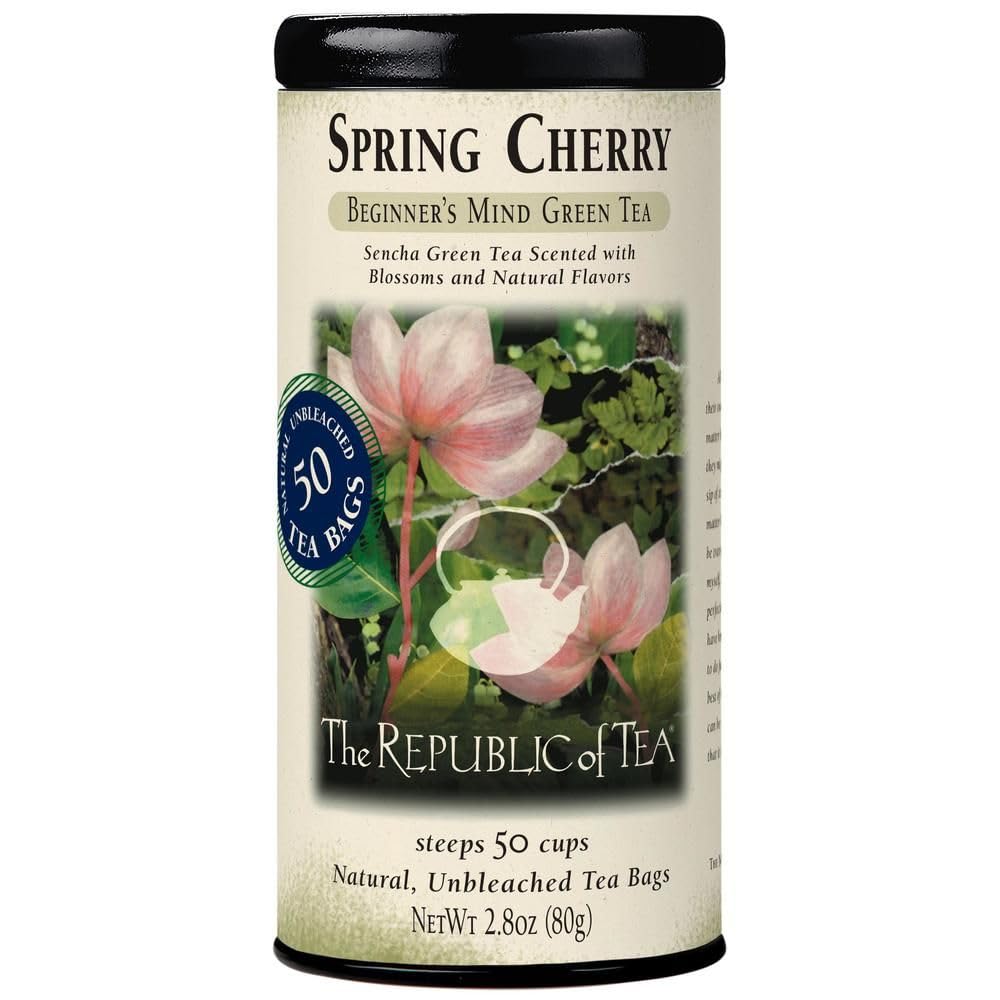 The Republic of Tea Spring Cherry Green Tea tea bags offer a delicate, cherry-infused sip.