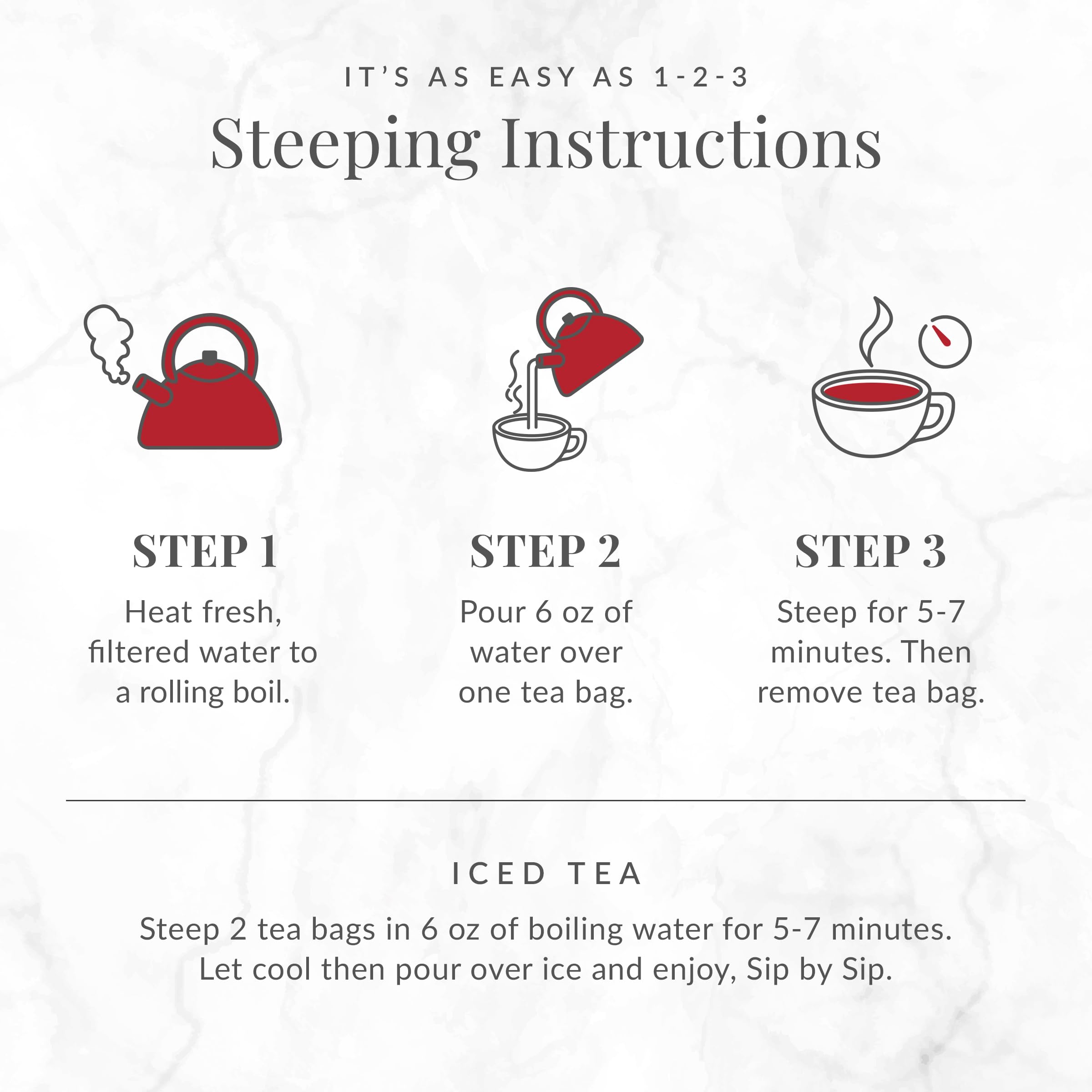 The Republic of Tea cup of red rooibos showing vibrant color and inviting aroma.