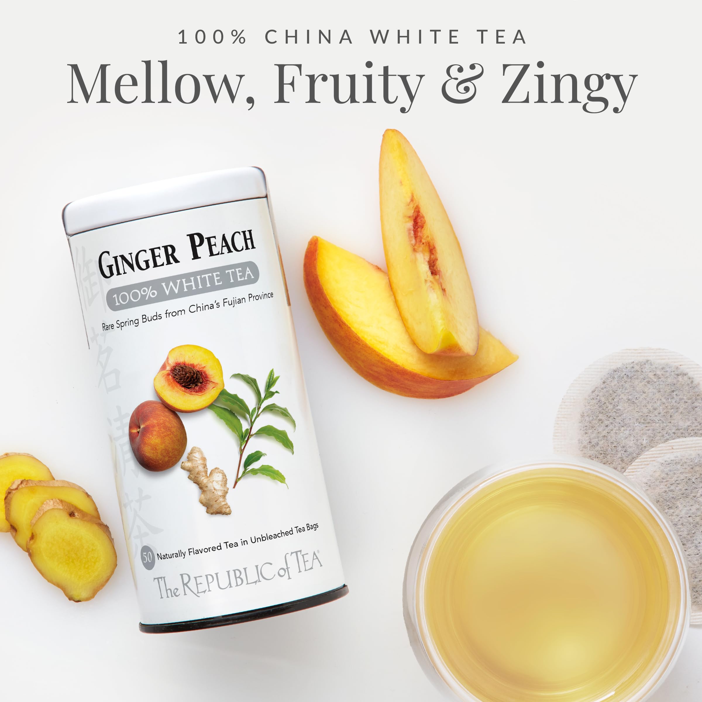 The Republic of Tea steeping-ginger-peach-white-tea guides quick brew for a refreshing cup.