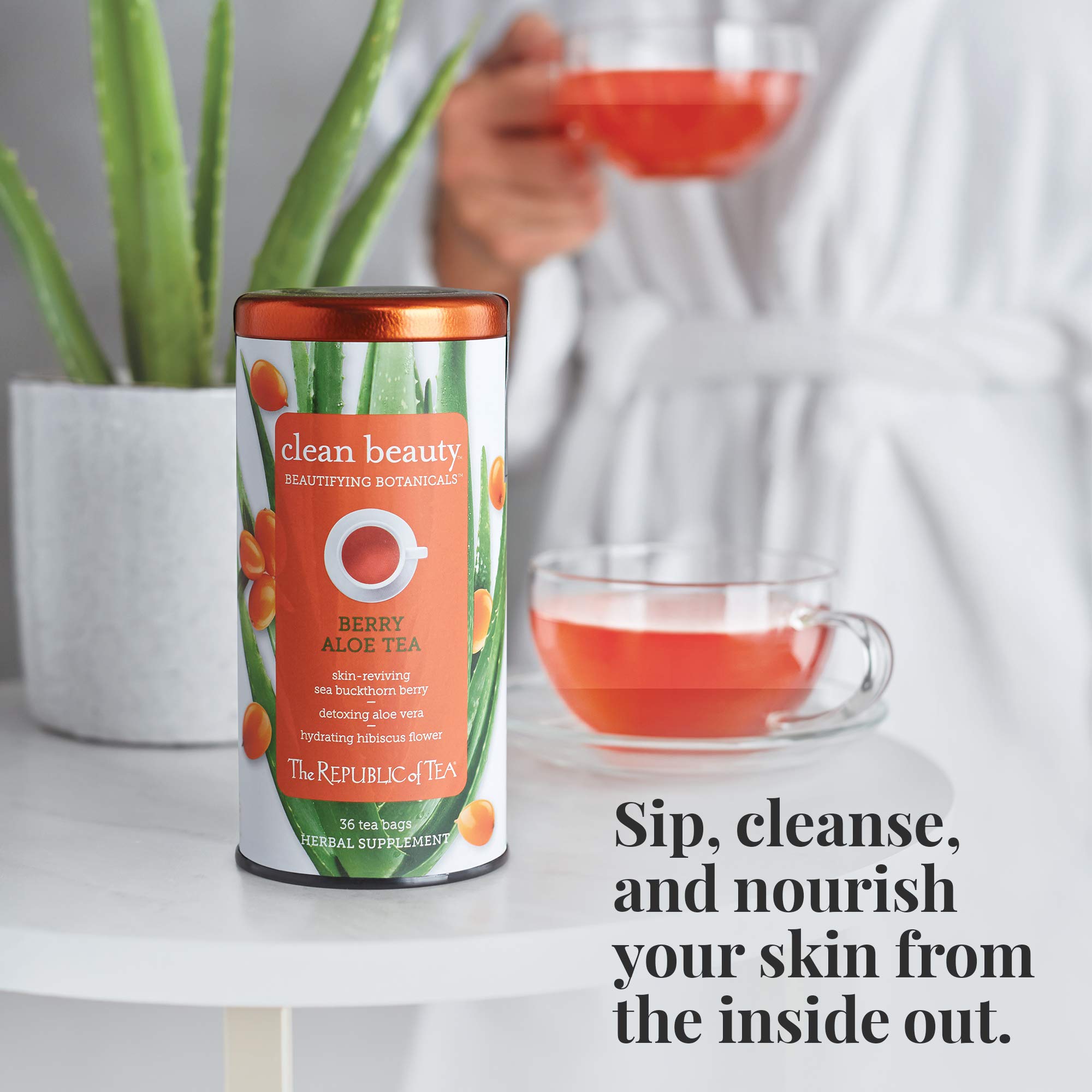 The Republic of Tea tea bag close-up highlights natural botanicals for a soothing moment.