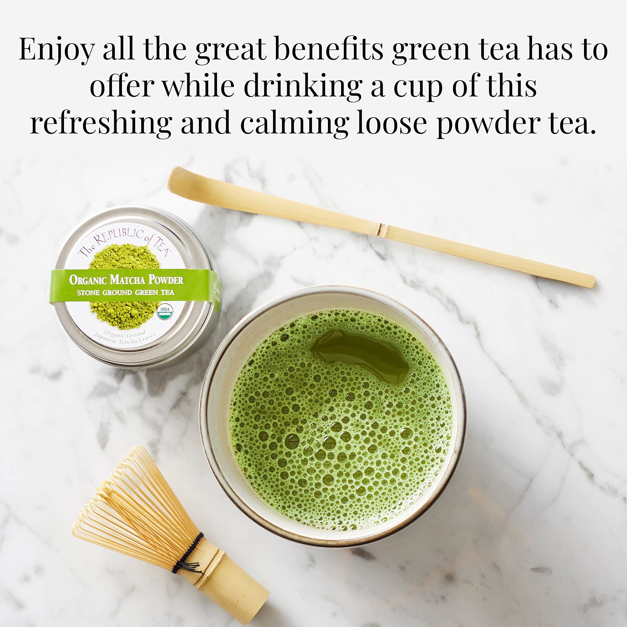 The Republic of Tea tencha leaves highlight organic shade-grown origin.