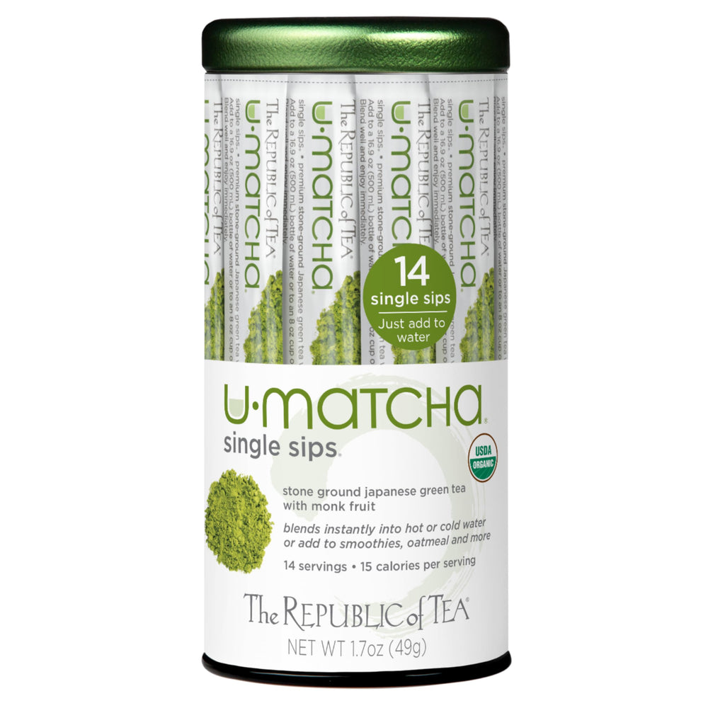 The Republic of Tea Umatcha Single Sips packet closeup for quick on-the-go matcha.