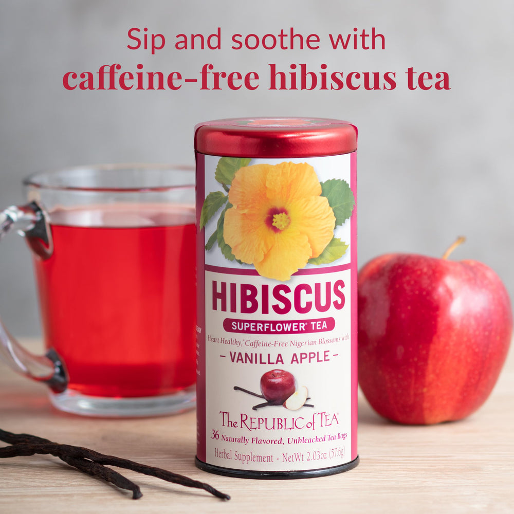 The Republic of Tea vanilla-apple hibiscus cup steaming with aroma.