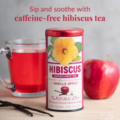 The Republic of Tea vanilla-apple hibiscus cup steaming with aroma.