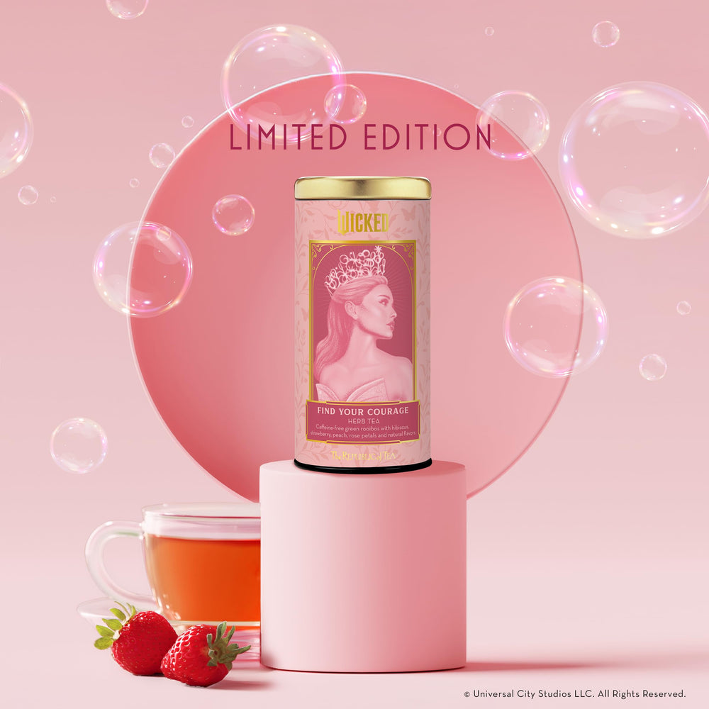 Pour-over serving highlights amber-hued Wicked Find Your Courage tea.