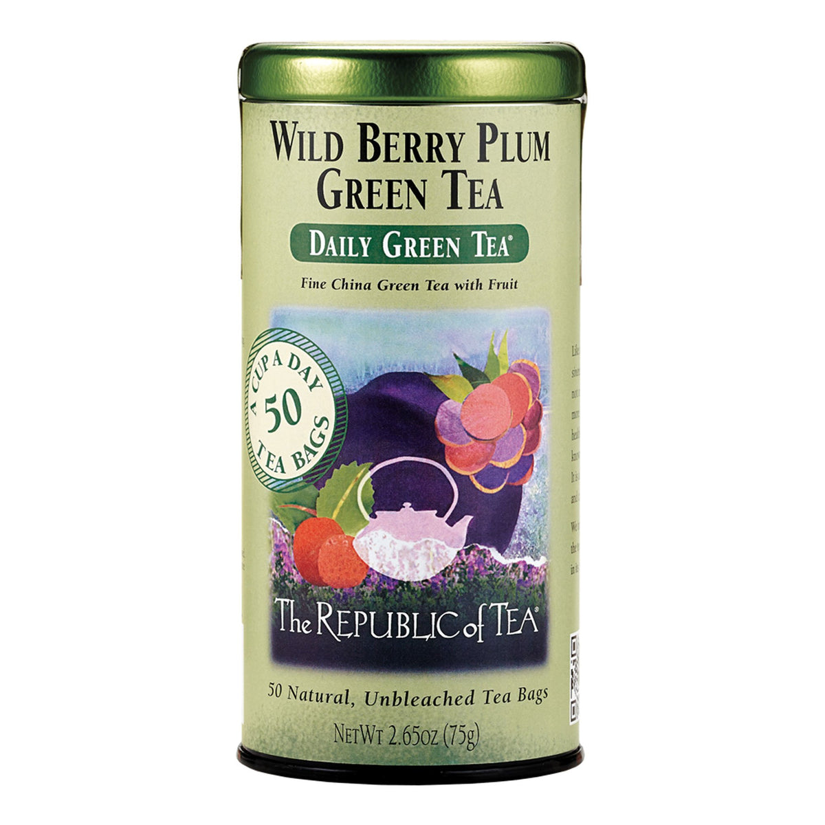 The Republic of Tea Wild Berry Plum Green Tea box for soothing daily rituals.