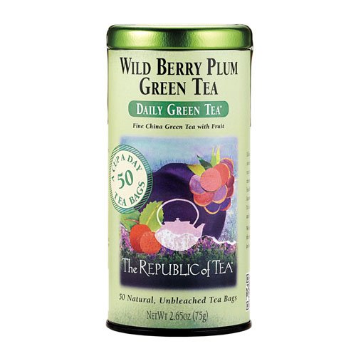 A cup of The Republic of Tea Wild Berry Plum Green Tea highlighting berry-plum aroma.