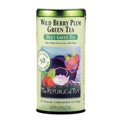 A cup of The Republic of Tea Wild Berry Plum Green Tea highlighting berry-plum aroma.