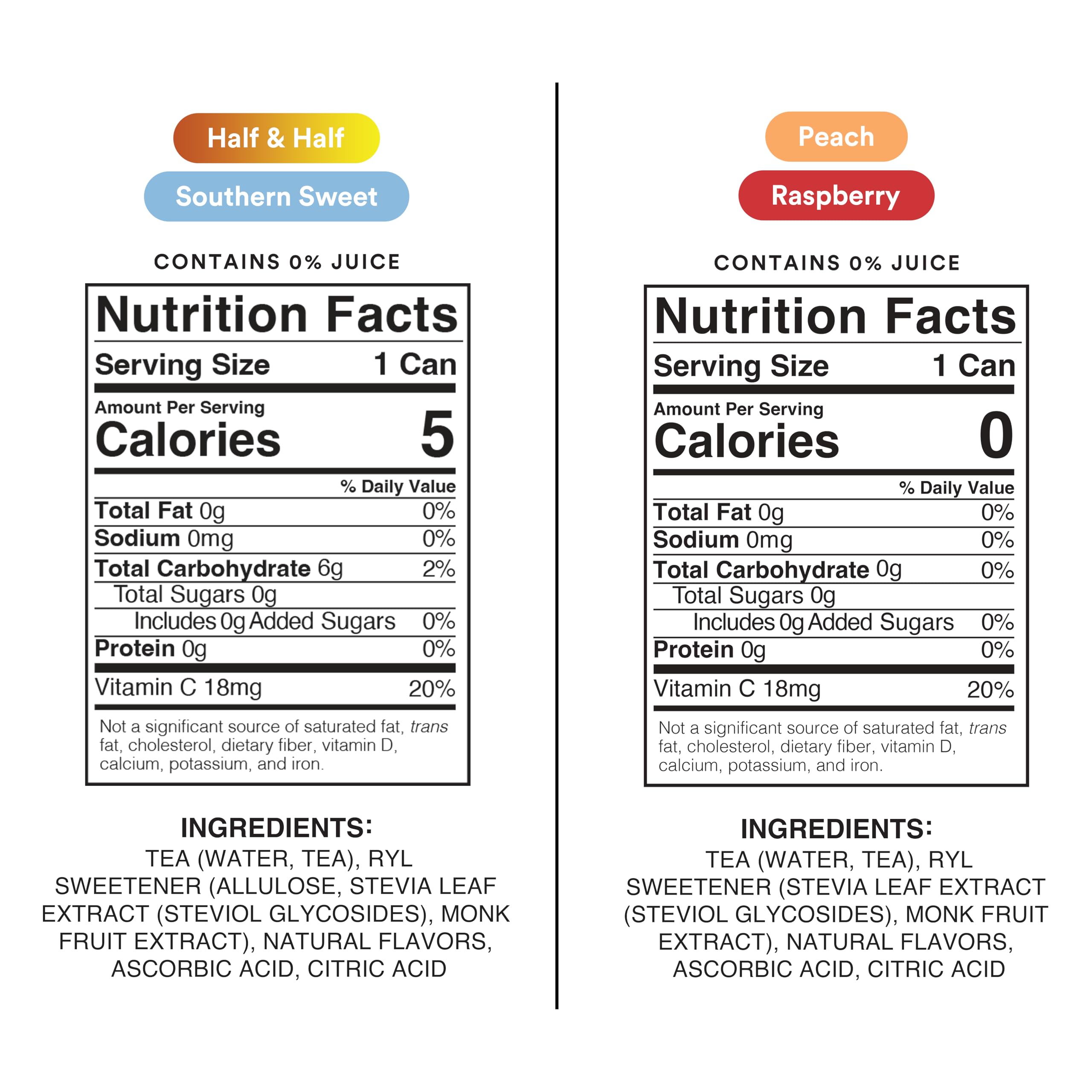 The Ryl Co Iced Tea MVP label detail shows antioxidant blend and Vitamin C.