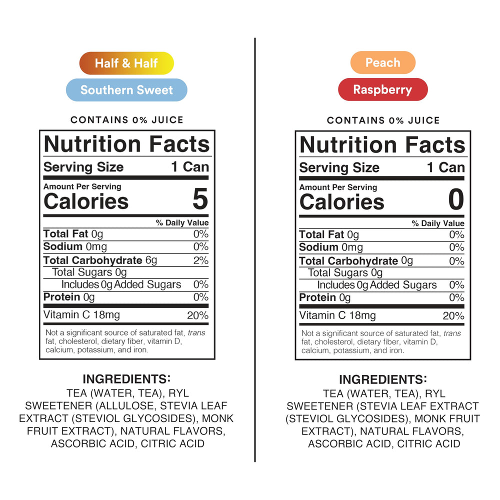 The Ryl Co Iced Tea MVP label detail shows antioxidant blend and Vitamin C.