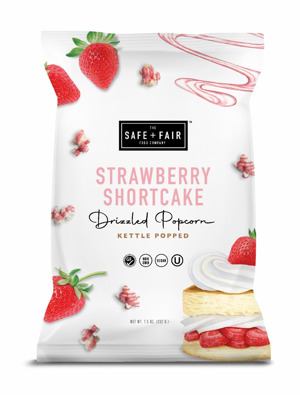 The Safe + Fair Strawberry Shortcake Drizzled Kettle Corn bag; a gluten-free snack to share.
