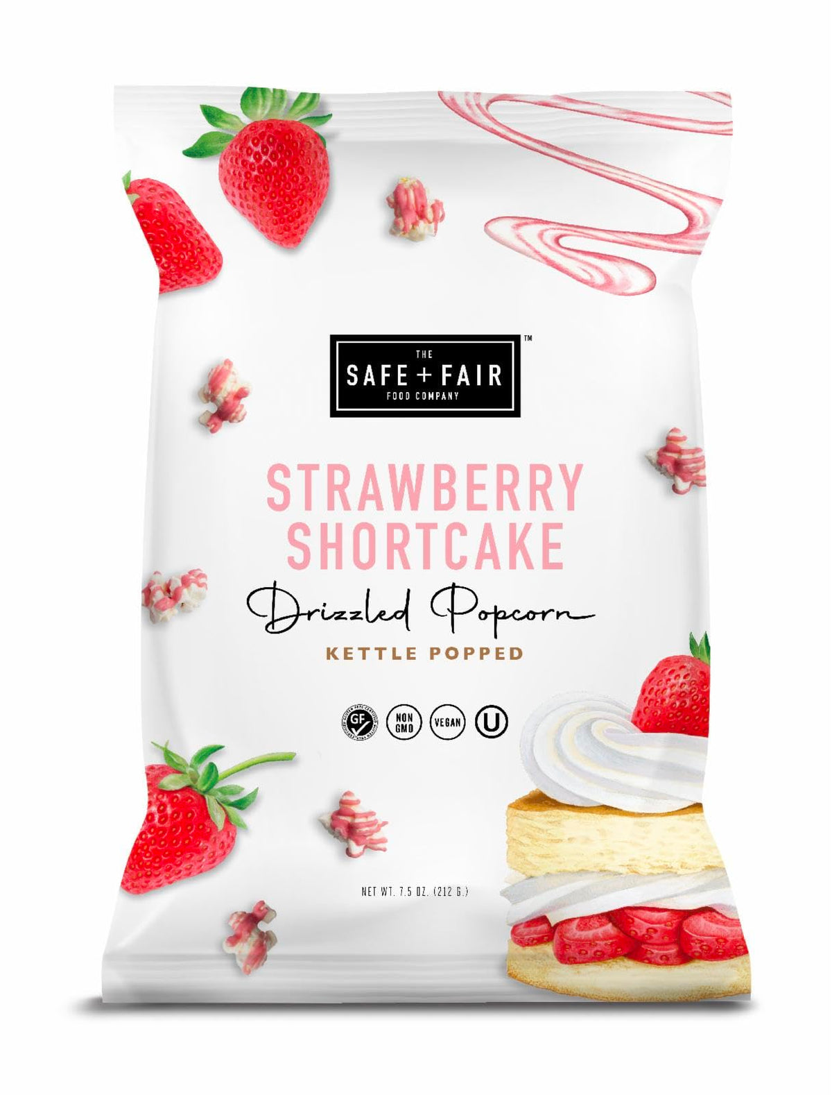 The Safe + Fair Strawberry Shortcake Drizzled Kettle Corn bag; a gluten-free snack to share.