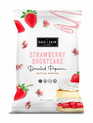 The Safe + Fair Strawberry Shortcake Drizzled Kettle Corn bag; a gluten-free snack to share.