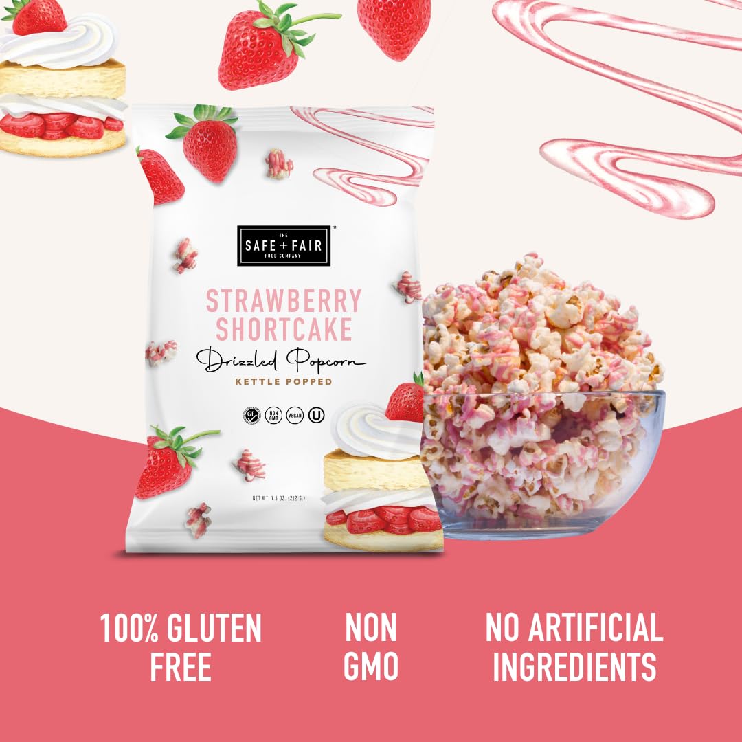 The Safe + Fair Strawberry Shortcake Drizzled Kettle Corn closeup highlights crispy texture.