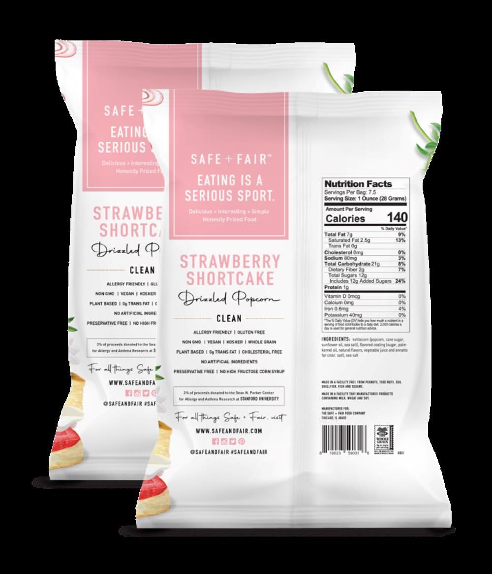The Safe + Fair Strawberry Shortcake Drizzled Kettle Corn ingredients showcase GMO-free, gluten-free snacking appeal.