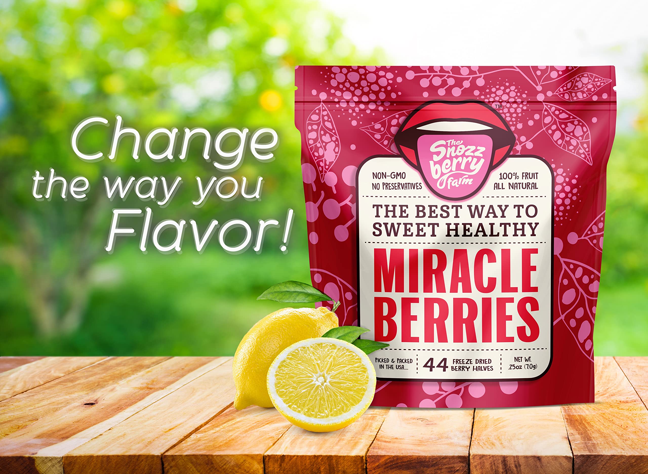 The Snozzberry Farm freeze-dried berries packaging shows USA-grown, non-GMO quality.