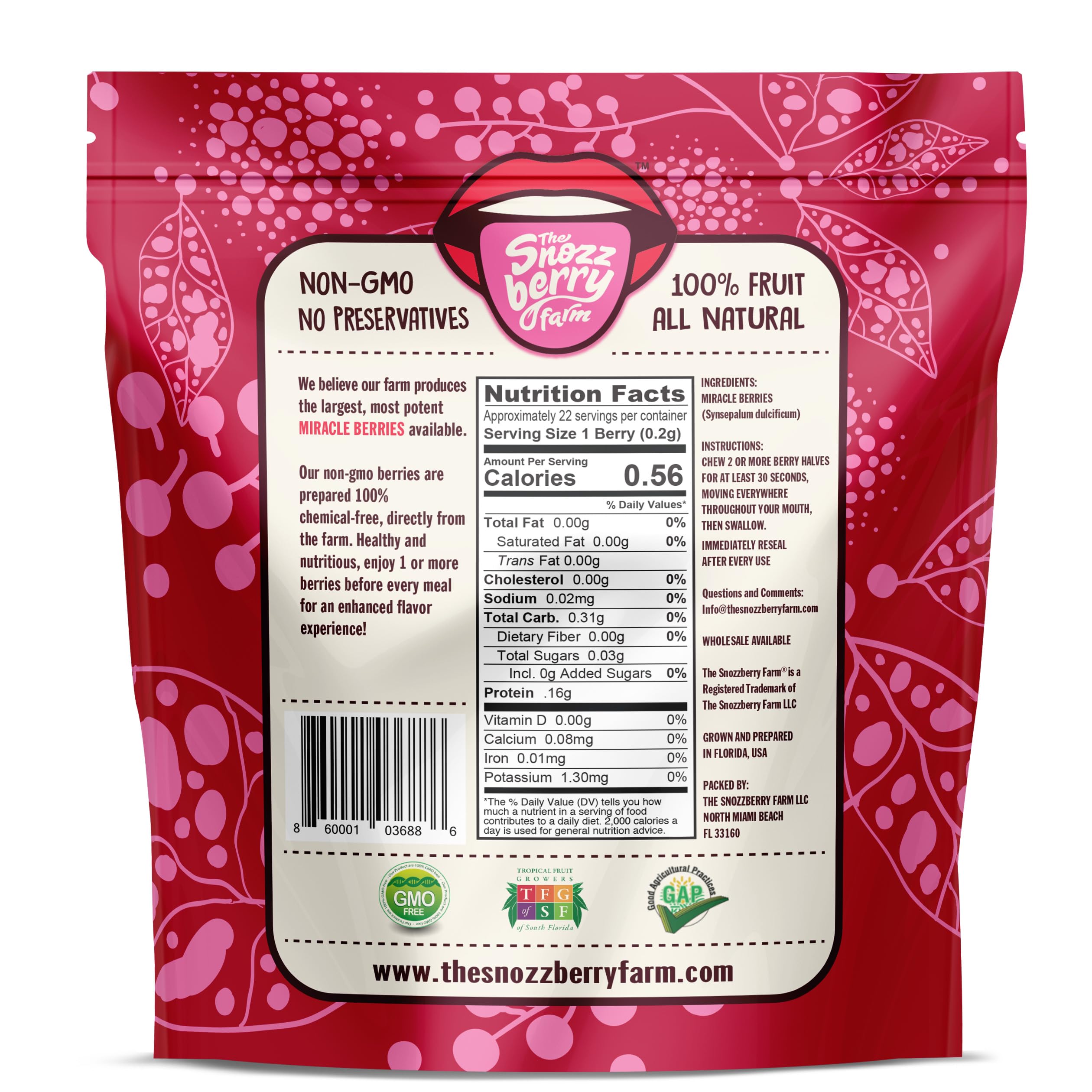 The Snozzberry Farm Miracle Berries halved closeup highlights natural freeze-dried texture.