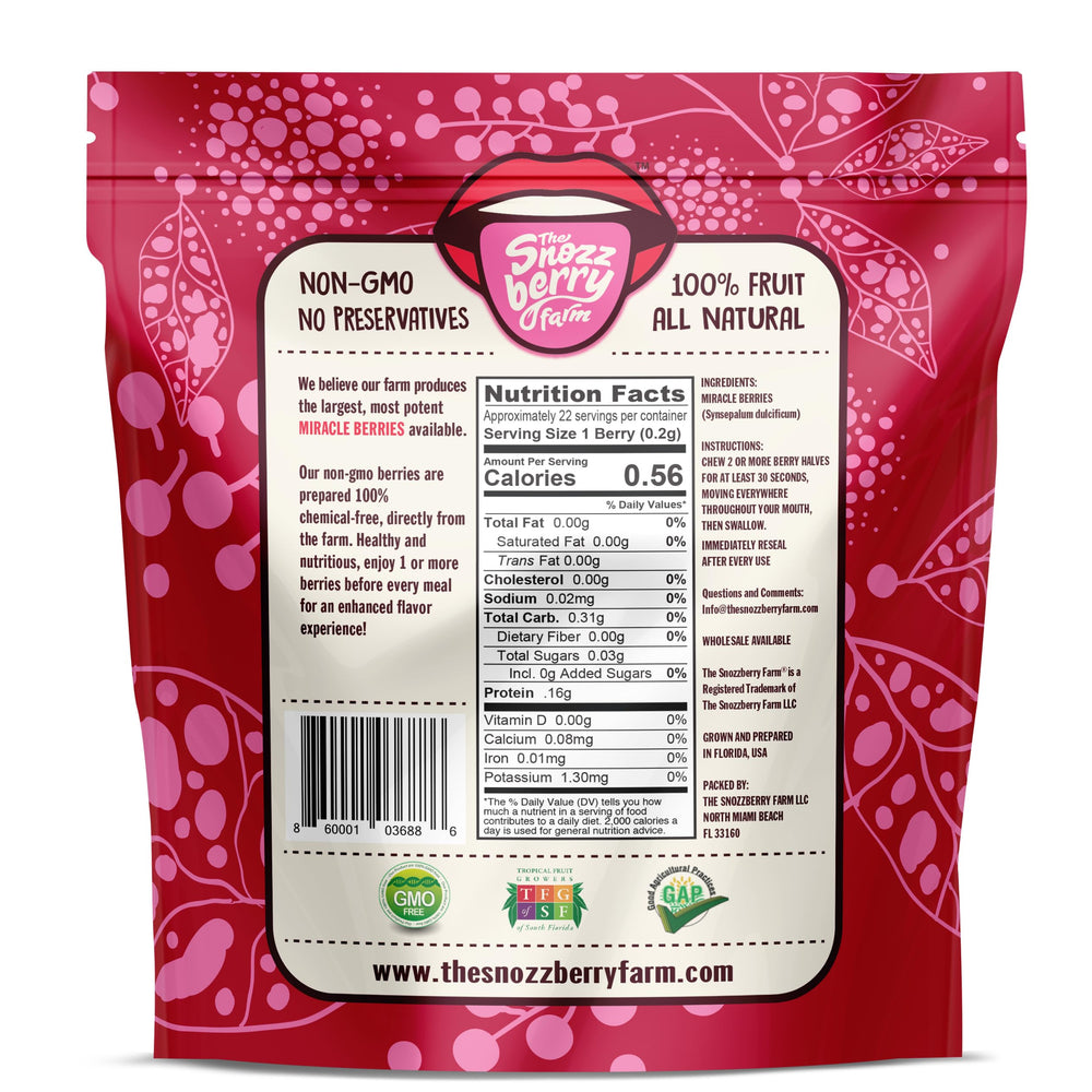 The Snozzberry Farm Miracle Berries halved closeup highlights natural freeze-dried texture.