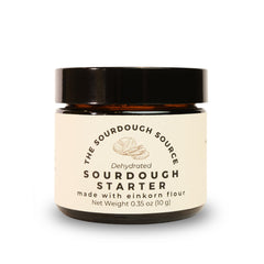 The Sourdough Source einkorn dehydrated starter jar ready for easy activation and baking