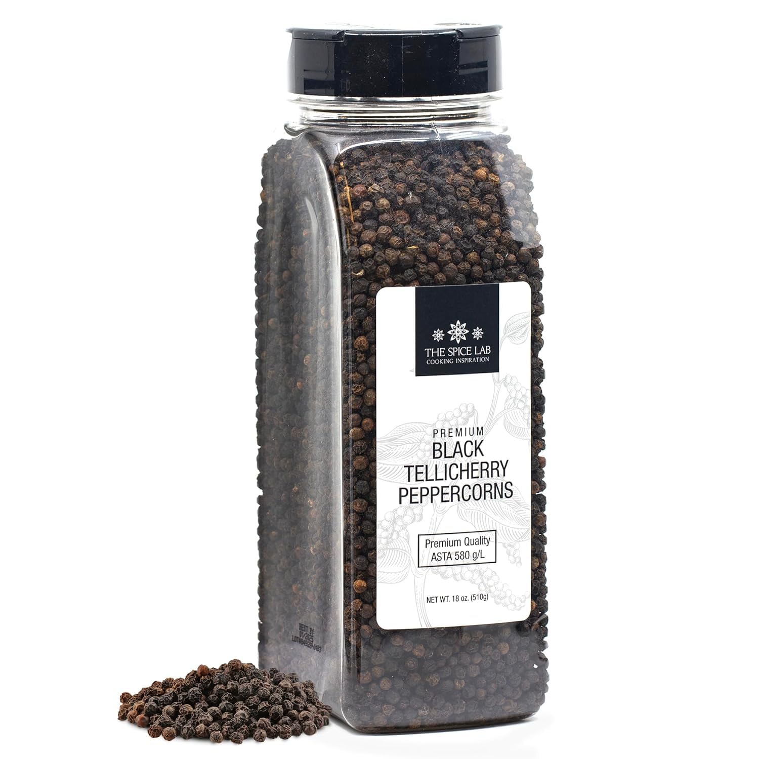 The Spice Lab Black Tellicherry peppercorns jar front for fresh table flavor