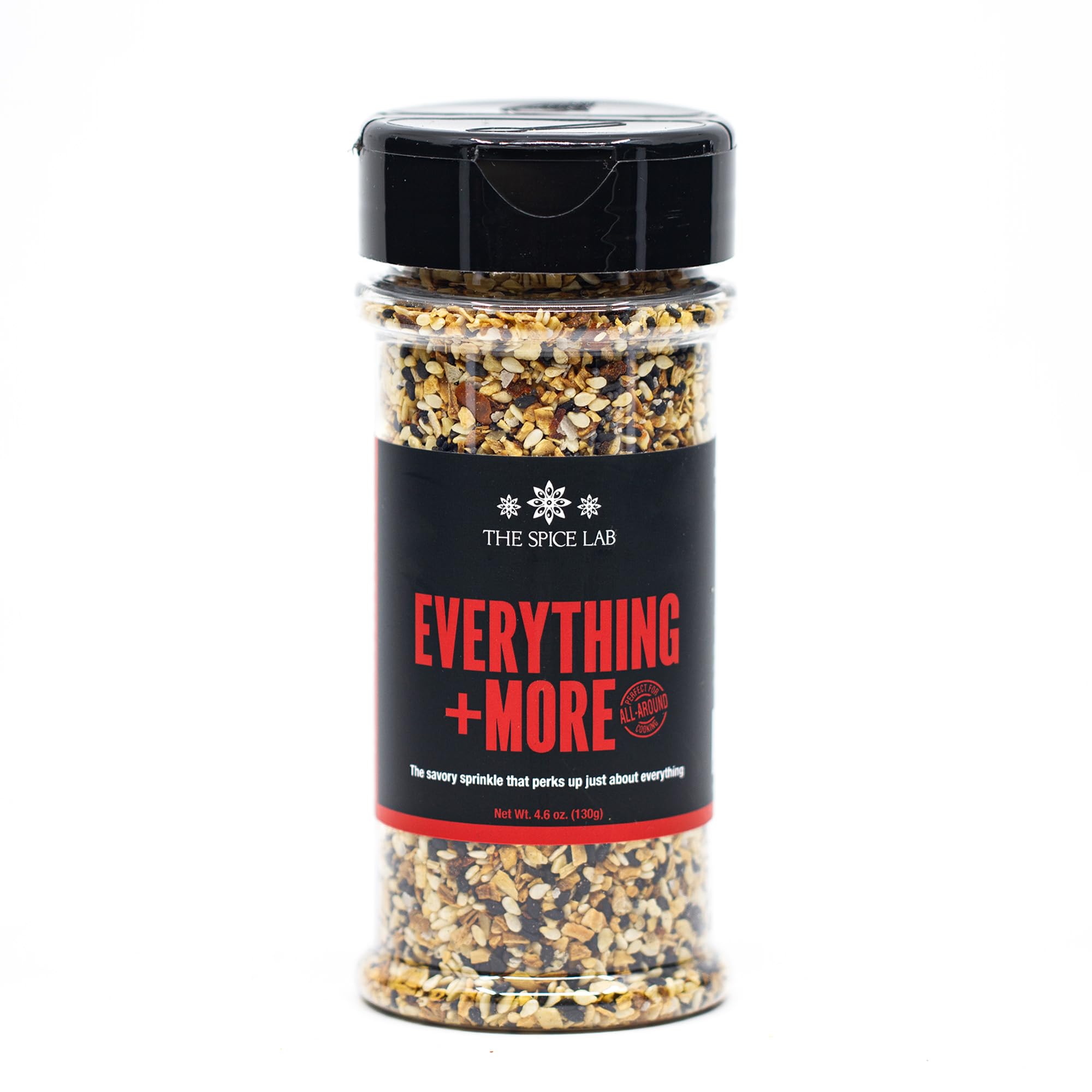 The Spice Lab Everything Bagel Seasoning jar close-up showing crunchy texture and bold aroma.