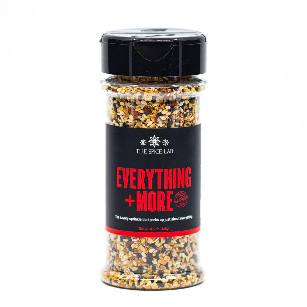 The Spice Lab Everything Bagel Seasoning jar close-up showing crunchy texture and bold aroma.