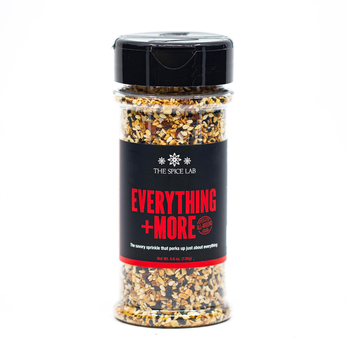 The Spice Lab Everything Bagel Seasoning jar close-up showing crunchy texture and bold aroma.