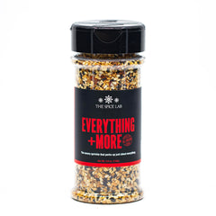 The Spice Lab Everything Bagel Seasoning jar close-up showing crunchy texture and bold aroma.