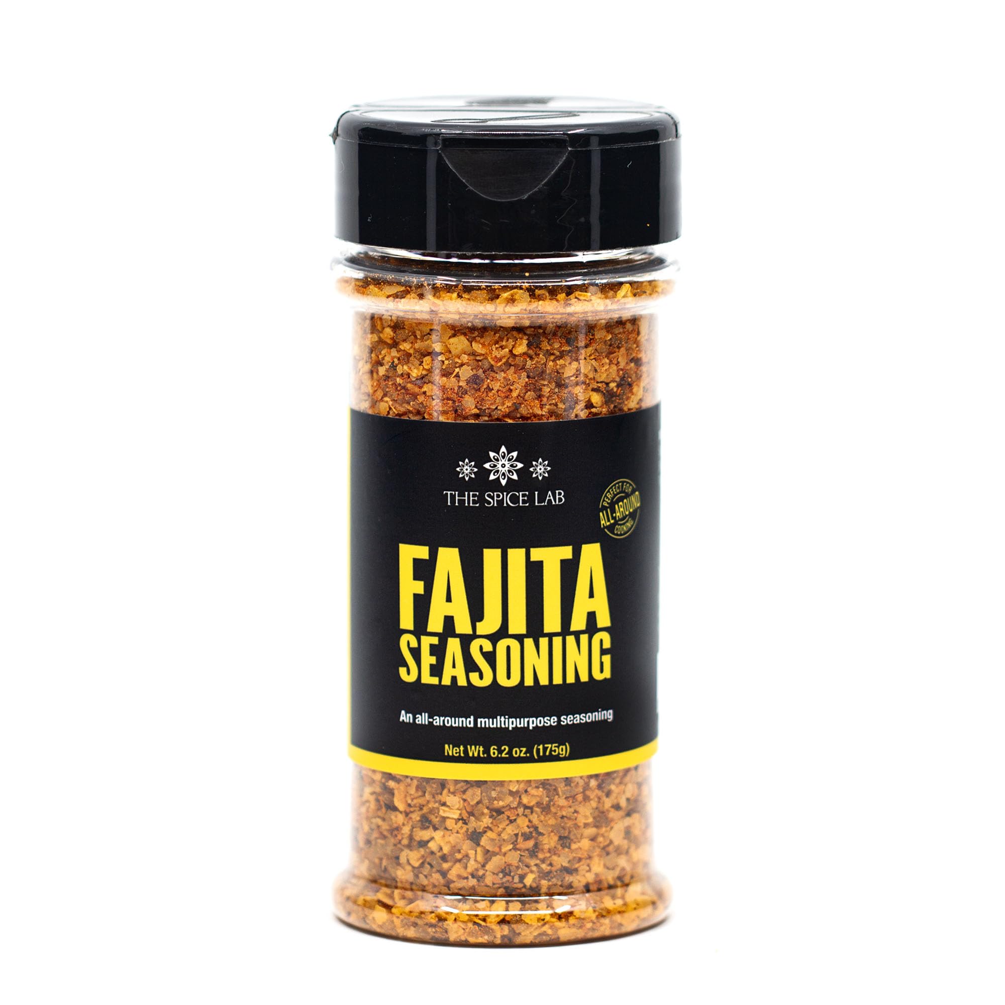 The Spice Lab fajita seasoning jar full view highlights gluten-free and kosher qualities