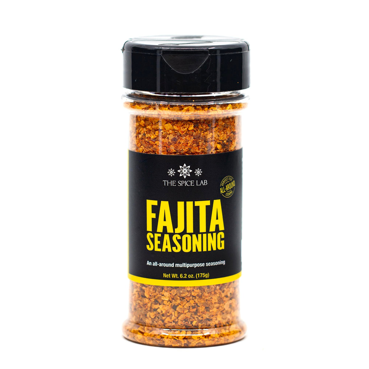 The Spice Lab fajita seasoning jar full view highlights gluten-free and kosher qualities