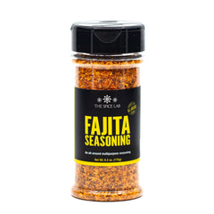 The Spice Lab fajita seasoning jar full view highlights gluten-free and kosher qualities