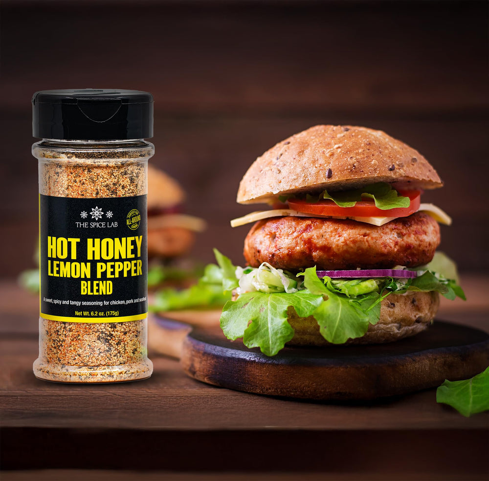 The Spice Lab Hot Honey Lemon Pepper on chicken wings coated with sweet heat.