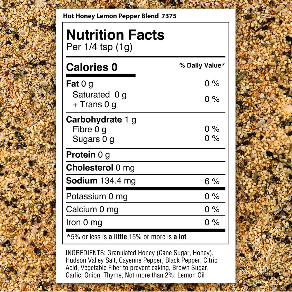 The Spice Lab Hot Honey Lemon Pepper Blend ingredients highlight natural flavor with no artificial additives.