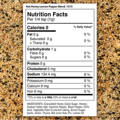 The Spice Lab Hot Honey Lemon Pepper Blend ingredients highlight natural flavor with no artificial additives.