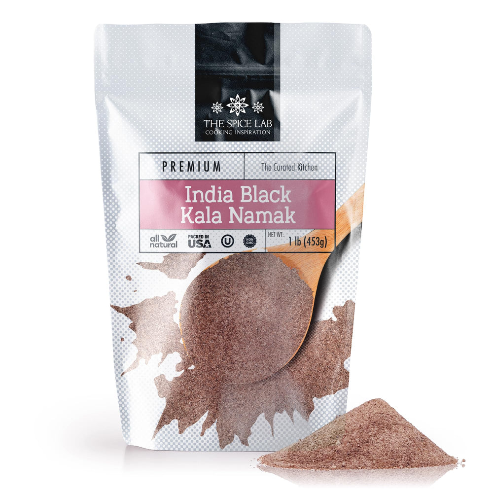 The Spice Lab Kala Namak bottle pour adds egg-like flavor to vegan dishes.