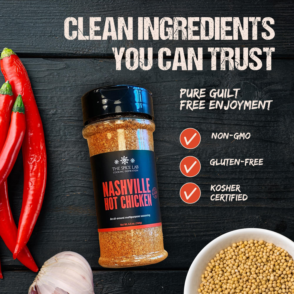 The Spice Lab Nashville Hot seasoning on grill scene highlights versatile chicken flavors.