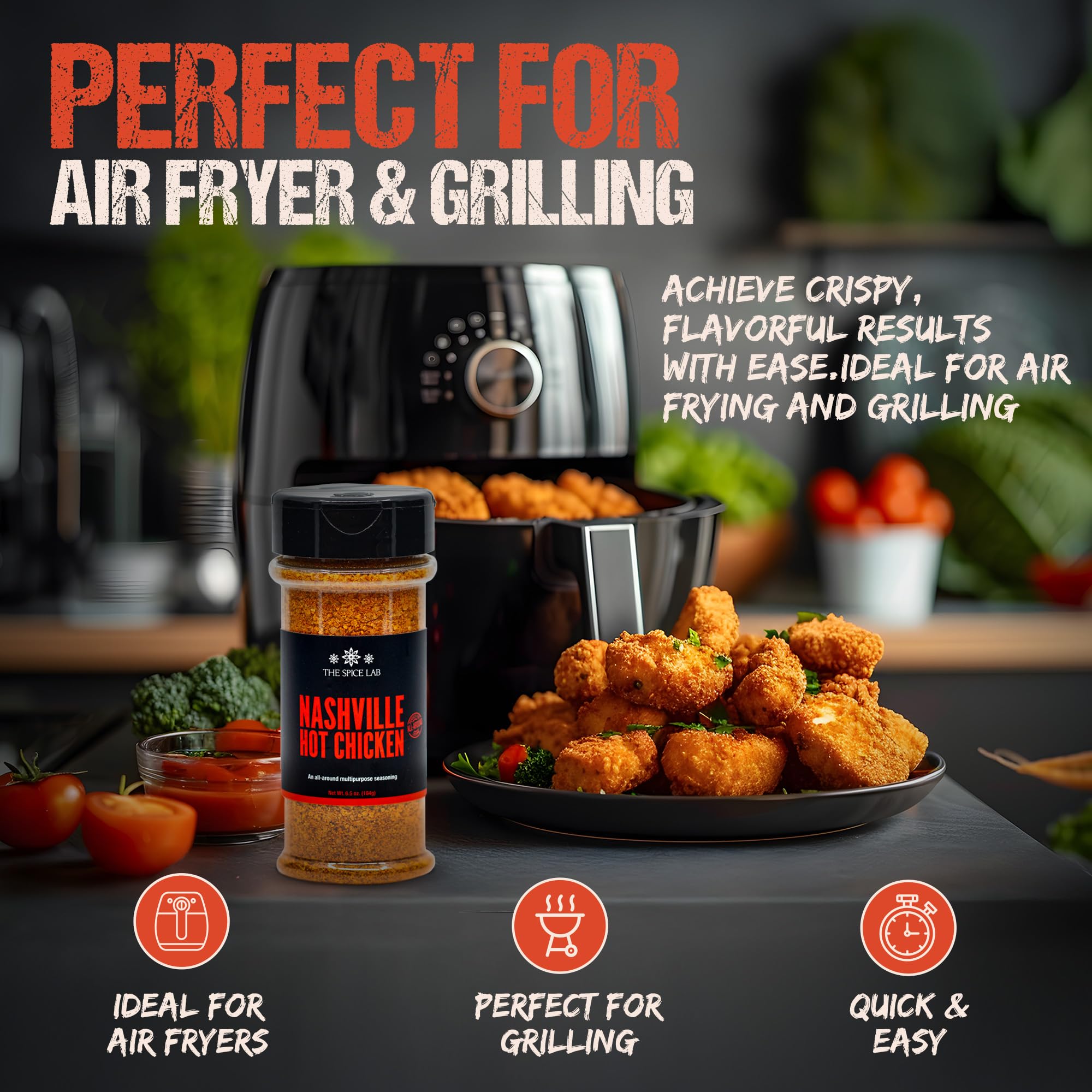 The Spice Lab Nashville Hot seasoning shaker resting on a counter invites quick meals.
