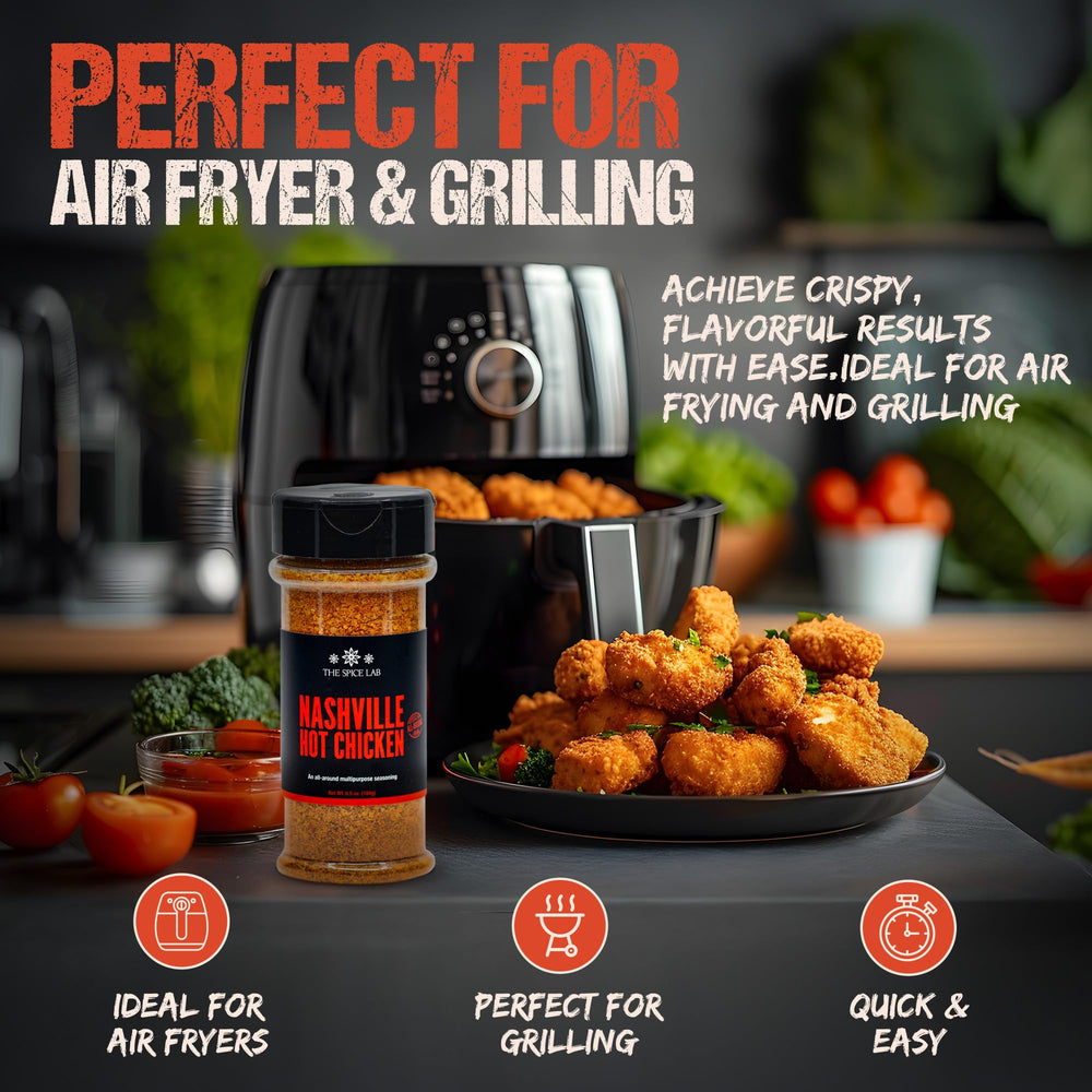 The Spice Lab Nashville Hot seasoning shaker resting on a counter invites quick meals.